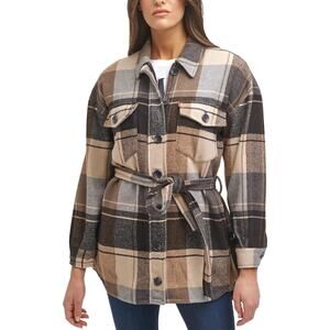 Levi's Plaid Brown Gray Belted Shirt Jacket Button Up Womens Medium Wool Blend